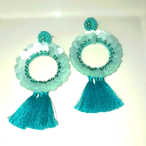 Jewelry - Elegant Turquoise Tassel Sequin Earrings